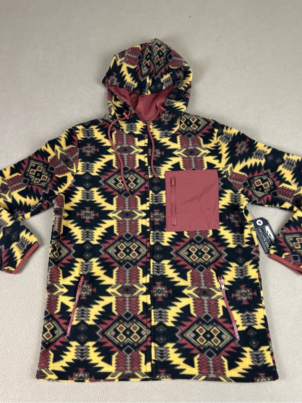 Free Nature Full Zip Polar Fleece Hoodie, Aztec Sweatshirt. Polyester. Mens Sz S